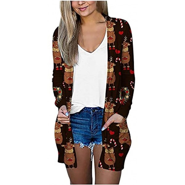 Women's Christmas Mid-Length Cardigan Open Front Lightweight Funny Xmas Printed Outwear with Pockets Trendy Long Shirts