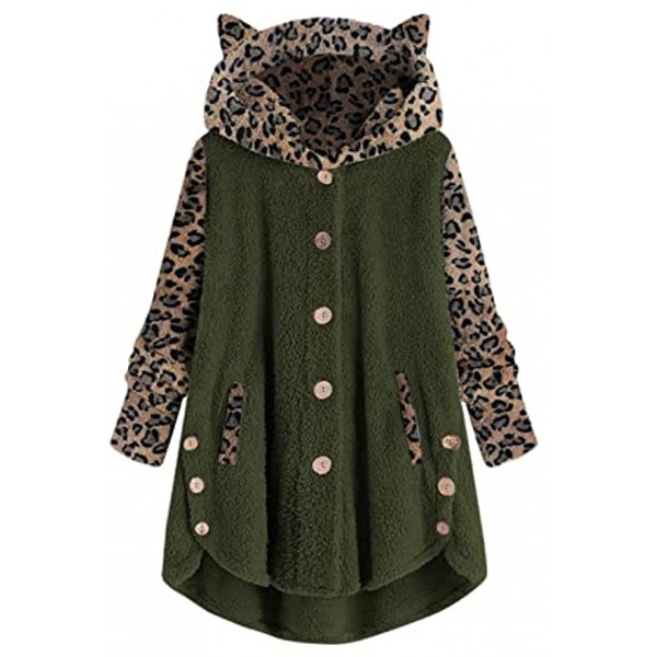 Womens Hoodie Faux Fur Coats Leopard Print Color Block Pullover Button Hooded Sweatshirt Cat Ear Pocket Outwear