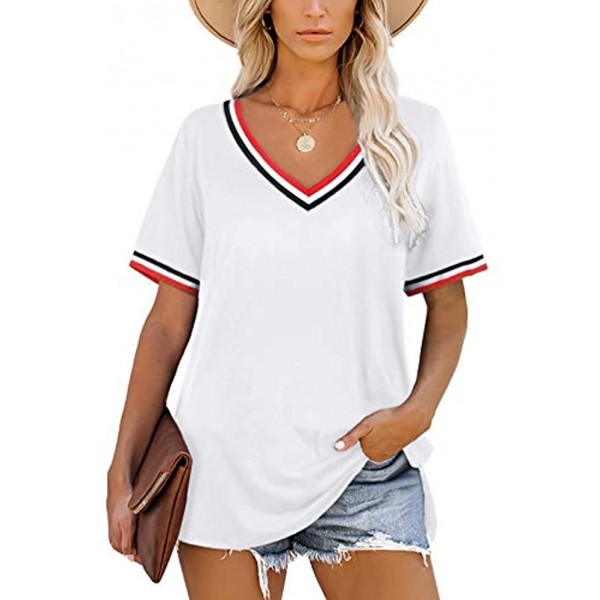 Bofell Womens T Shirts Loose Fit V Neck Tops Side Split Short Sleeve Tee Shirts S-2XL