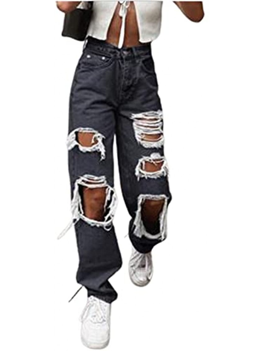 Ripped Baggy Jeans for Teen Girls High Waisted Wide Leg Hole Straight Wide Leg Y2K Loose Fit Denim Pants