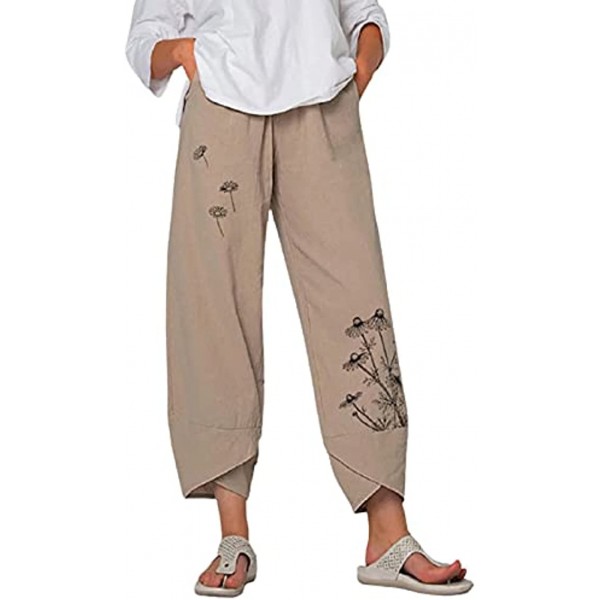Capris for Women with Pockets Comfy Cotton and Linen Dandelion Print Harem Pants Loose Lounge Palazzo Jogger Pants