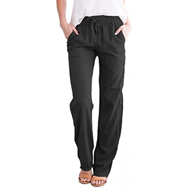 kankanba Summer Elastic Waist Drawstring Pants for Women Casual Linen Trousers with Pockets