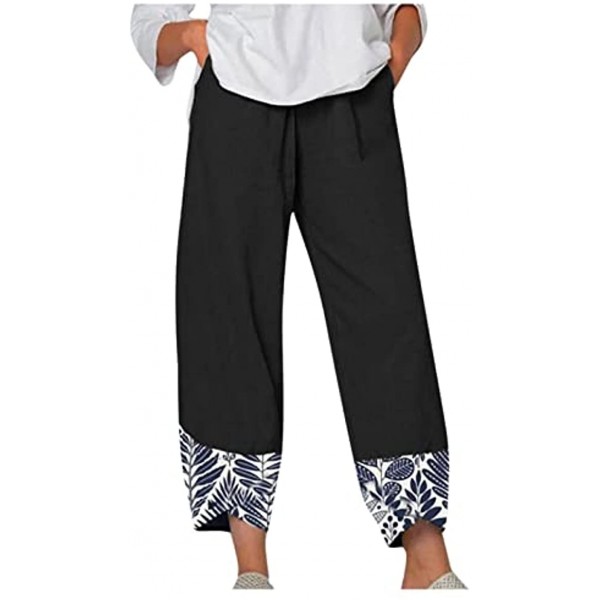 Summer Capri Pants for Women Women's Linen Cropped Pants Flowers Print Elastic Waist Ankle Capris Trousers