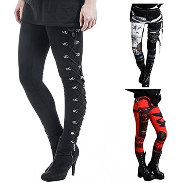 Womens Gothic Pants High Waist Elastic Slim Fit Side Cross Bandage Lace Up Skinny Leggings Steampunk Trouser
