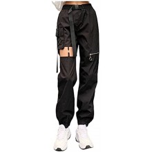 Women's Hollow Punk Pants High Waist Zipper Casual Solid Jogger Cargo Trousers with Belt Buckle
