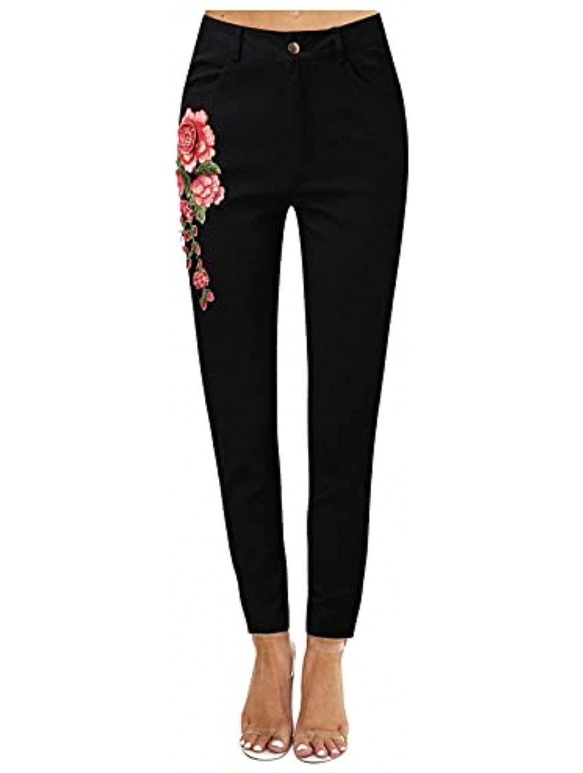 ZDFER Leggings for Women Women's Jeans Flowers Embroidery Pencil Pants Denim Trousers Pockets High Waist Casual Pants