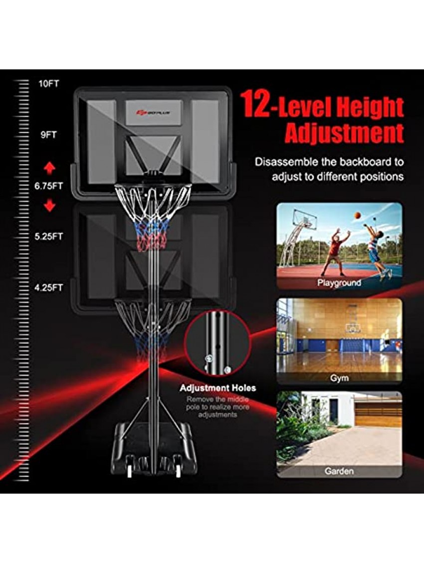 Goplus Portable Basketball Hoop 4.5FT-10FT Height Adjustable Basketball Goal System with 44 Inch Shatterproof Backboard Wheels Outdoor Basketball Stand for Kids Youth Adults
