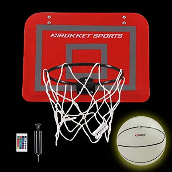 Rukket Over The Door Basketball Hoop with Light-Up Net and Glow in The Dark Ball Slam Dunk Door Mounted Indoor Basketball Hoop Set with Multi-Color LED Net Basketball Toy for Kids & Adults