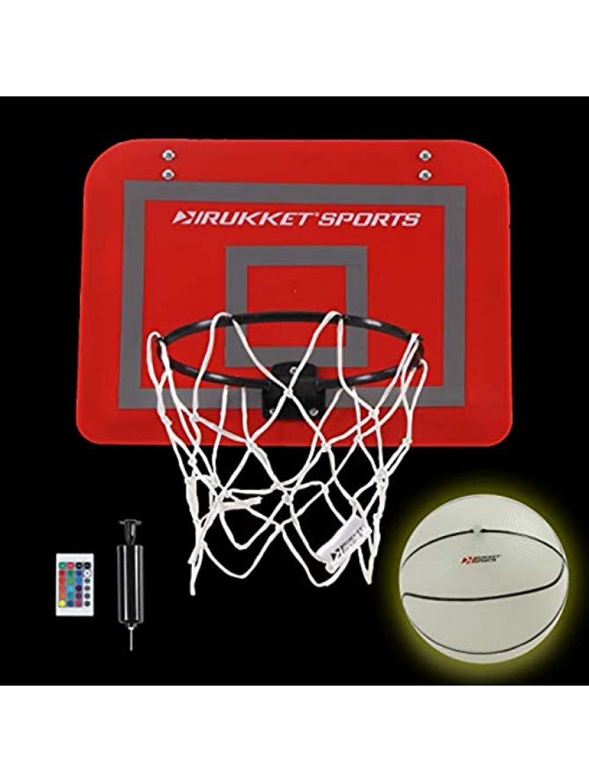 Rukket Over The Door Basketball Hoop with Light-Up Net and Glow in The Dark Ball Slam Dunk Door Mounted Indoor Basketball Hoop Set with Multi-Color LED Net Basketball Toy for Kids & Adults
