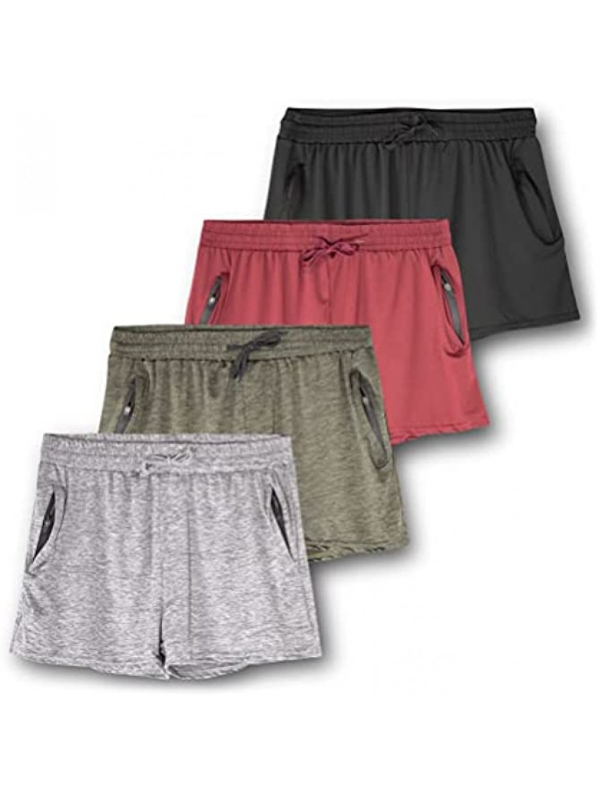 4 Pack: Womens Active Athletic Performance Dry-Fit Shorts with Zipper Pockets