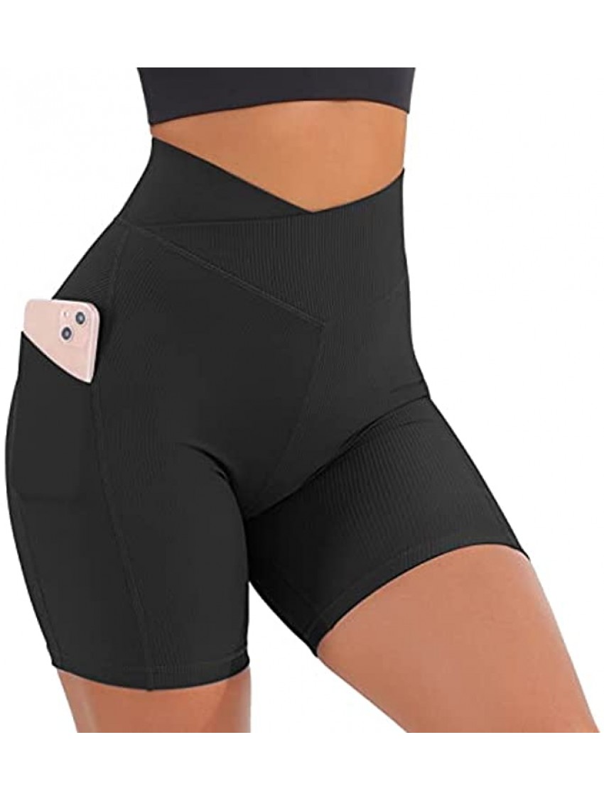 KUNISUIT Women V Cross Waist Biker Shorts with Pockets 5" High Waist Running Gym Workout Shorts