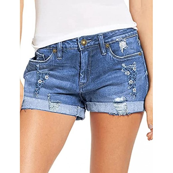 LookbookStore Women's High Waisted Rolled Hem Distressed Jeans Ripped Denim Shorts