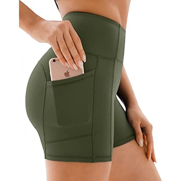 PERSIT Women's High Waist Workout Yoga Shorts with Side & Inner Pockets Non See-Through Tummy Control Athletic Shorts