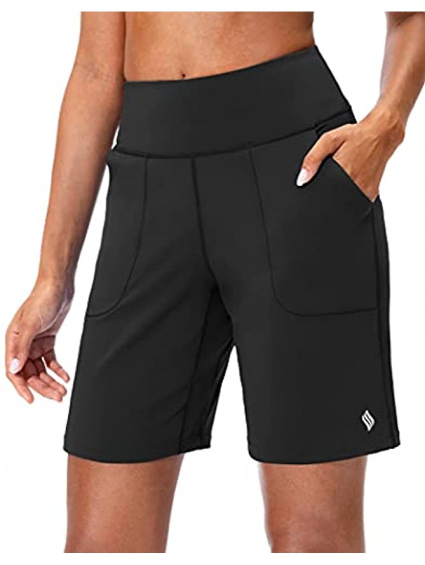 SANTINY Bermuda Shorts for Women with Zipper Pocket Womens High Waisted Long Shorts for Running Workout Athletic