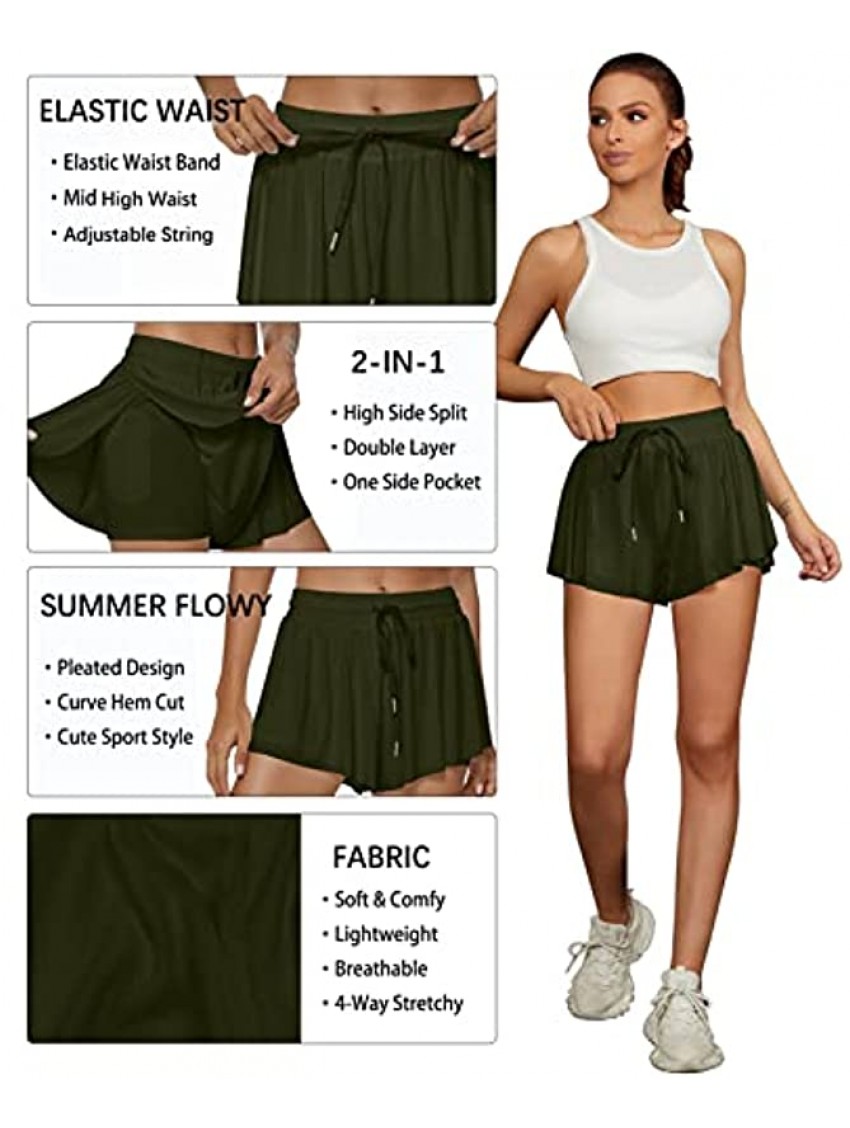 TARSE Womens 2 in 1 Flowy Workout Shorts Casual Drawstring High Waist Running Athletic Shorts Comfy Summer Skirt