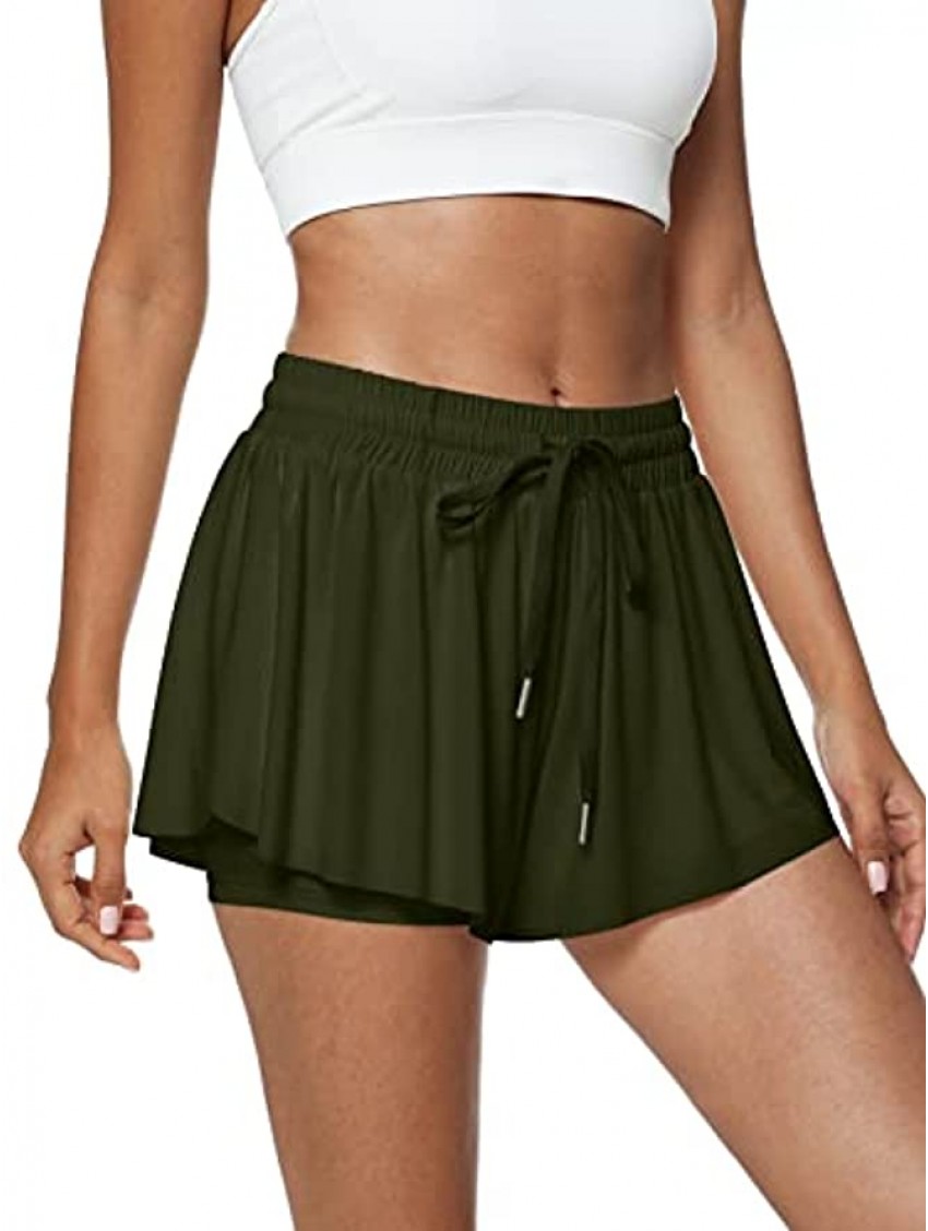 TARSE Womens 2 in 1 Flowy Workout Shorts Casual Drawstring High Waist Running Athletic Shorts Comfy Summer Skirt