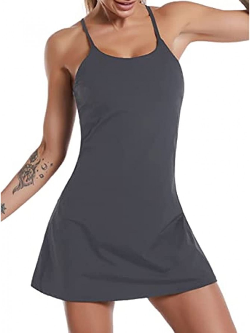 Women's Sleeveless Exercise Tennis Dress with Built-in Bra & Shorts Golf Workout Athletic Dresses Pockets