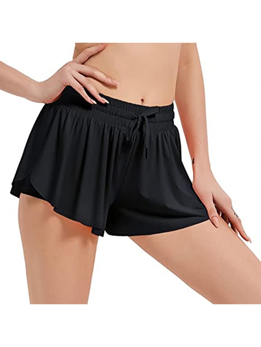 Wsirmet Women's 2-in-1 Double Layer Running Yoga Shorts Quick-Dry Drawstring Waist Flowy Hem Fitness Workout Athletic Shorts