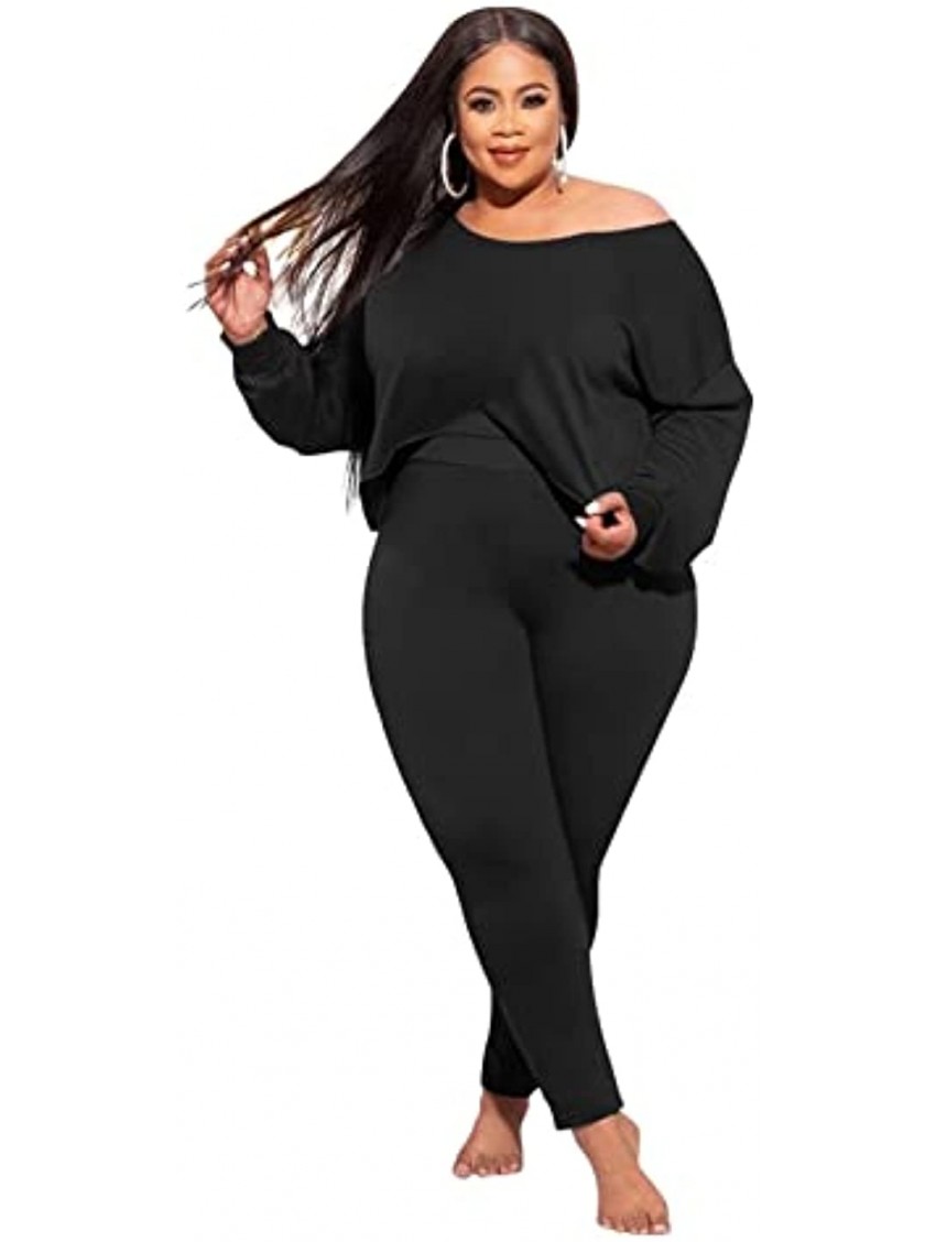 2 Piece Outfits for Women Solid Clubwear Off Shoulder Long Sleeve Shirt Bodycon Pants Sets Plus Size Tracksuit Casual