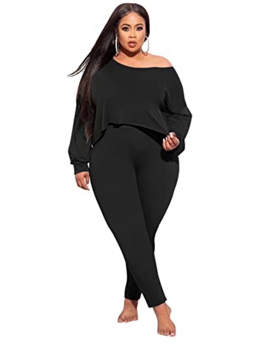 2 Piece Outfits for Women Solid Clubwear Off Shoulder Long Sleeve Shirt Bodycon Pants Sets Plus Size Tracksuit Casual