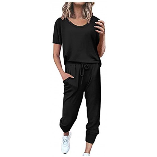 2PC Women Pure Color Short Sleeve Leisure Sweatpants Sets With Drawstring Long Pants Tracksuit Jogger Set with Pockets