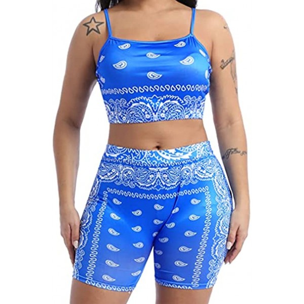 ACSUSS Women's 2 Piece Outfit Bandana Backless Cami Top and Bodycon Shorts Sportswear Tracksuit Set