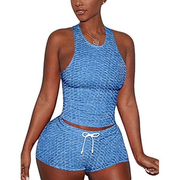 Alunzoem Workout Sets for Women 2 Piece,Textured Tracksuit Tank Top Biker Shorts Outfits