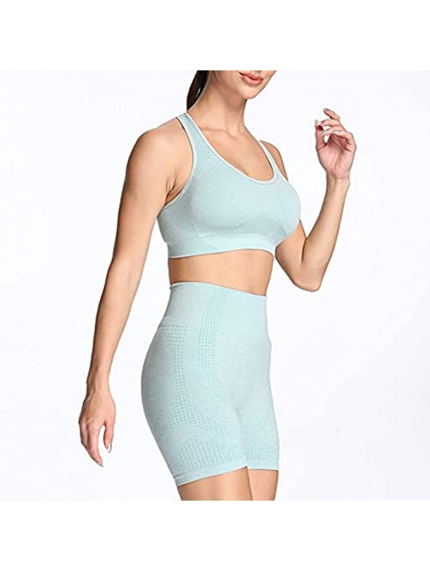 Aoxjox Yoga Outfit for Women Seamless 2 Piece Workout Gym Vital High Waist Shorts with Short Sleeve Crop Top Set