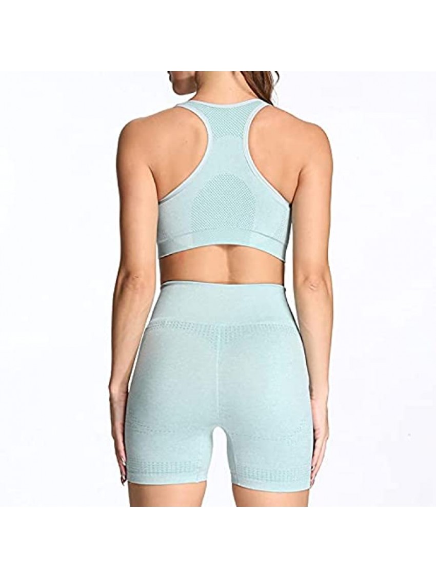 Aoxjox Yoga Outfit for Women Seamless 2 Piece Workout Gym Vital High Waist Shorts with Short Sleeve Crop Top Set