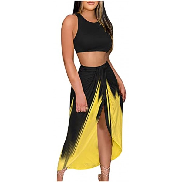 Bohemian Skirt Sets Women 2 Piece Outfits Summer Solid Sleeveless Crop Tank Tops High Waist Twist High Cut Maxi Skirt