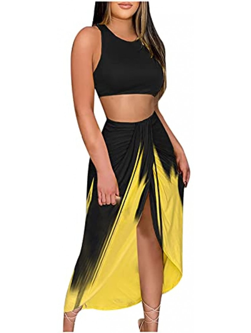 Bohemian Skirt Sets Women 2 Piece Outfits Summer Solid Sleeveless Crop Tank Tops High Waist Twist High Cut Maxi Skirt