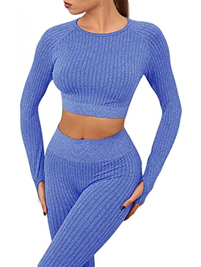 BTAPARK Women's 2 Piece Tracksuit Workout Outfits Ribbed seamless Long Sleeve Crop Top High Waist Leggings Sets