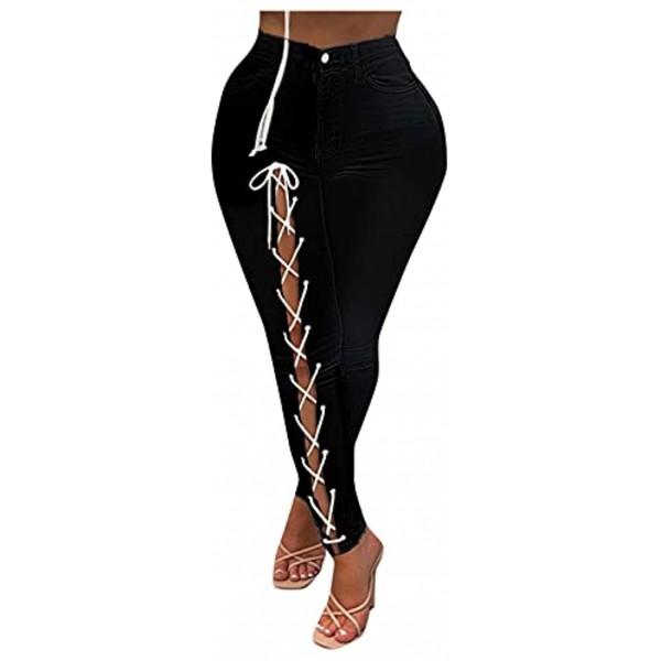 Burband Plus Size Womens Criss Cross Lace Up Stretch Leggings High Waist Bodycon Tie Up Jeggings Skinny Pencil Jean Pants