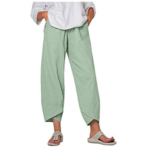 Burband Womens Summer Linen Pants Elastic Waist Lounge Pants Tapered Capris Crop Trousers with Pockets Plus Size S-5XL
