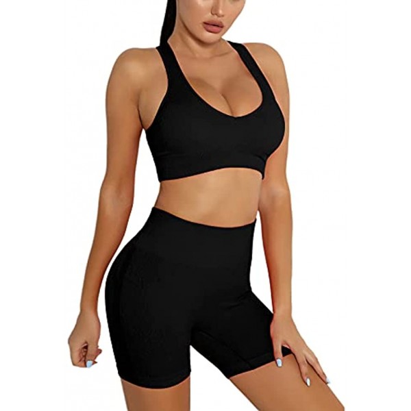 DADAB Workout Sets Two Piece Outfits for Women Clothes Gym Yoga Seamless Racerback Sports Bra Tank Tops with Biker Shorts
