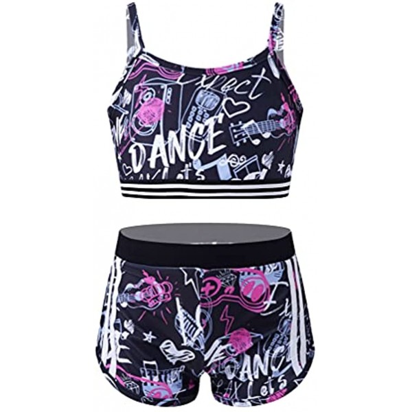 dPois Girls' Sequins Jazz Tap Hip-Hop Dance Performance Outfit Sleeveless Crop Top with Shorts Two Pieces Set Dancewear