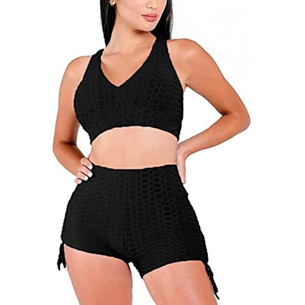 Ekaliy Women's Textured Two Piece Outfits Tracksuits Sports Bra Drawstring Ruched Shorts Pants Set Gym Jumpsuit