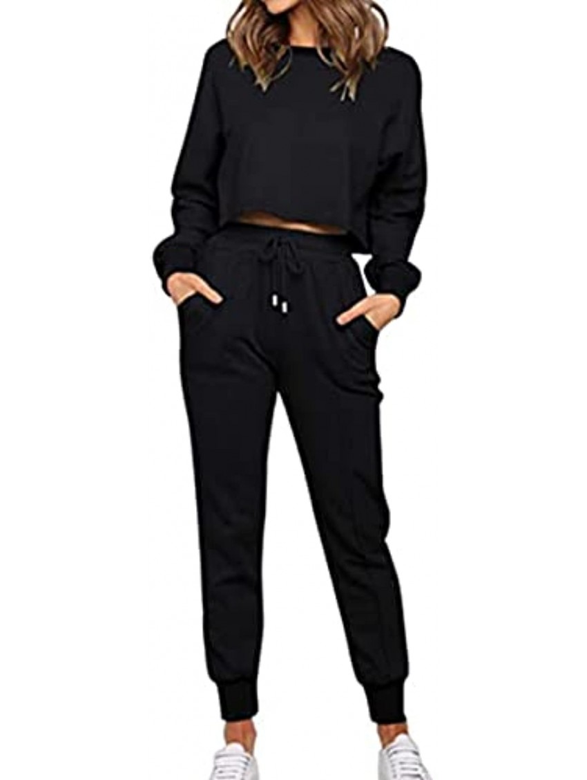 ESONLAR Women's 2 Piece Sweatsuit Outfits Solid Color Long Sleeve Pullover Crop Top Long Pants Tracksuit