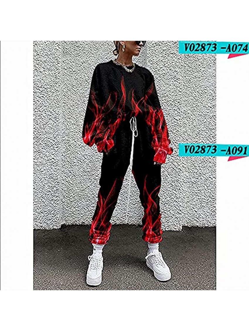 Flame Print Women Clothing Long Sleeve Loose Blouse Pant Autumn Winter Tracksuit Outfit