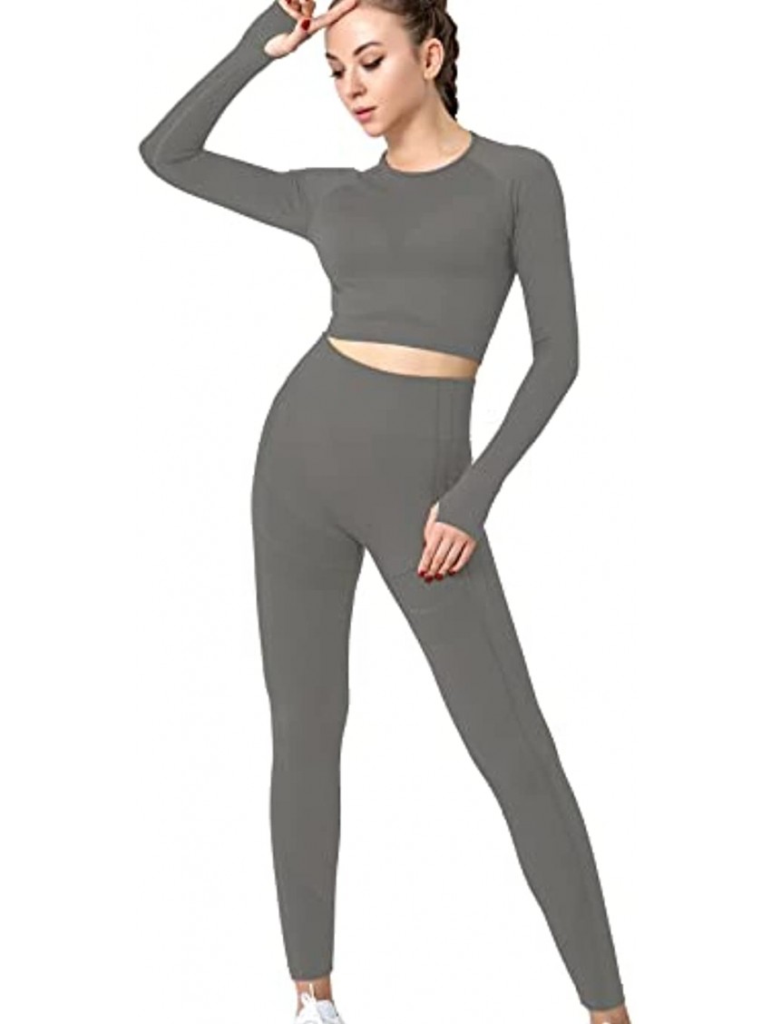 FRESOUGHT Workout Sets for Women 2 Piece Long Sleeve Crop Top Seamless High Waist Yoga Leggings Matching Gym Active Wear