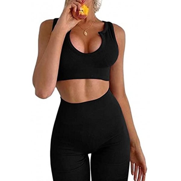 Goddesslili Women Workout Sets 2 Piece Seamless Ribbed Tank High Waist Trousers Yoga Outfits Solid Color Athletic Vest