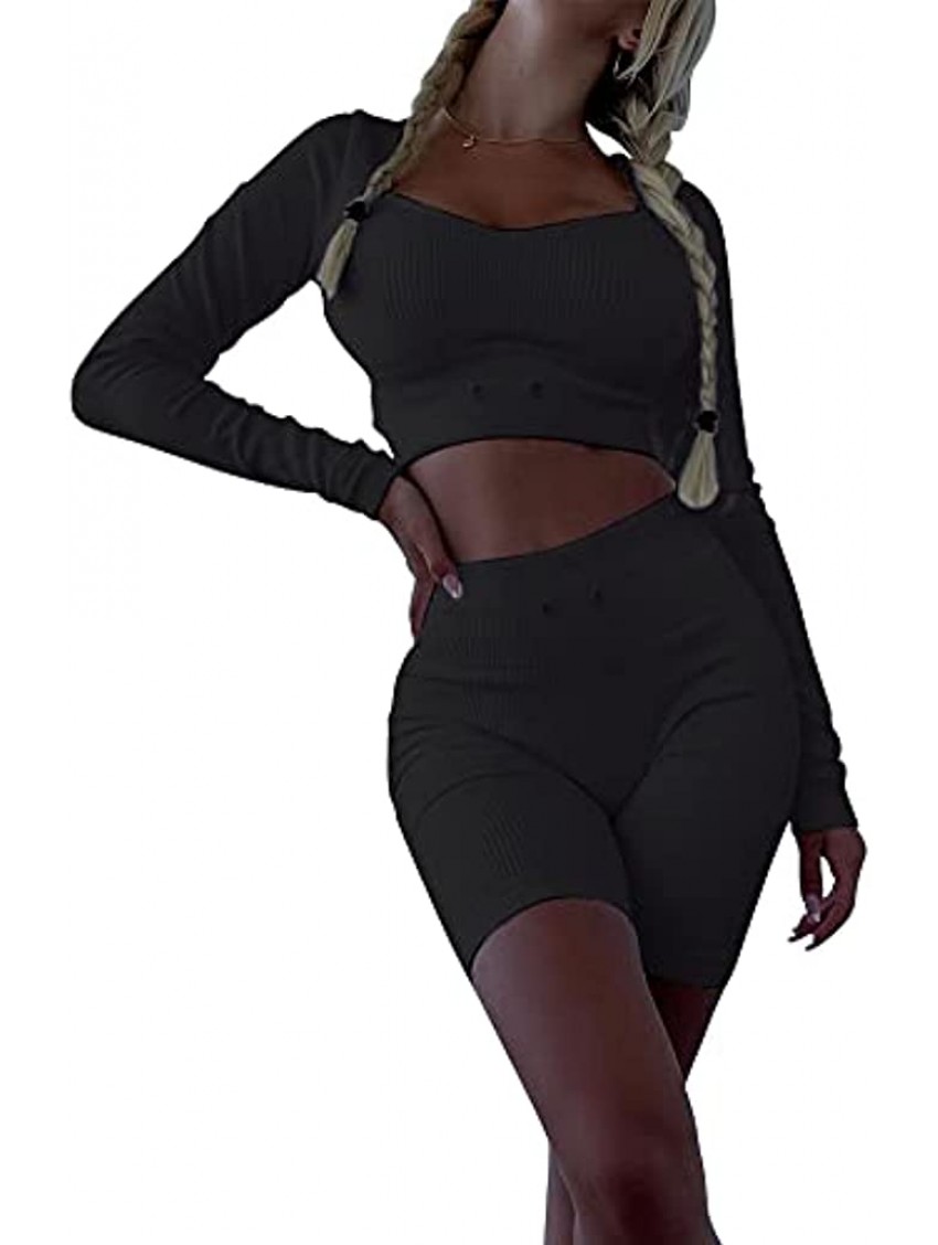 HCKG Workout Sets for Women 2 Piece Seamless Long Sleeve Crop Tops Ribbed High Waist Shorts Yoga Outfits