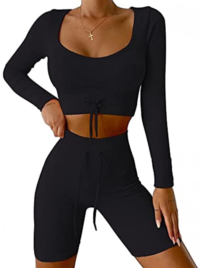 HCKG Workout Sets for Women 2 Piece Seamless Long Sleeve Crop Tops Ribbed High Waist Shorts Yoga Outfits