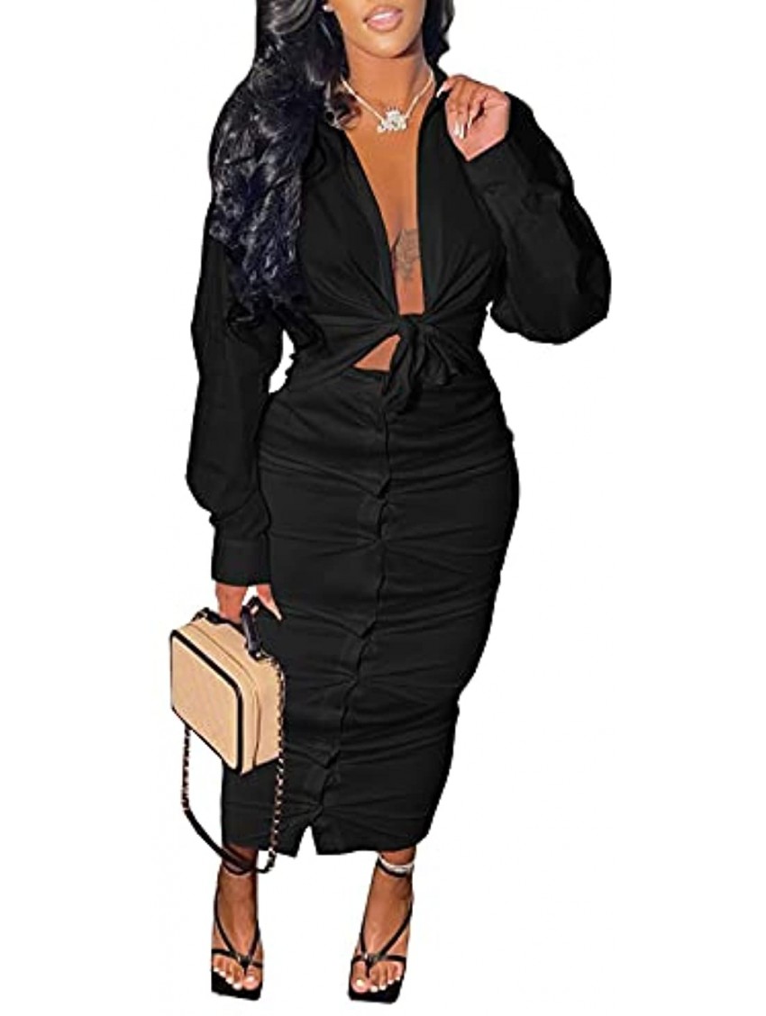 itnpbwus Womens Sexy 2 Piece Skirt Sets Solid Color Self Tie Front Long Sleeve Shirts Bodycon Maxi Dress Set Clubwear