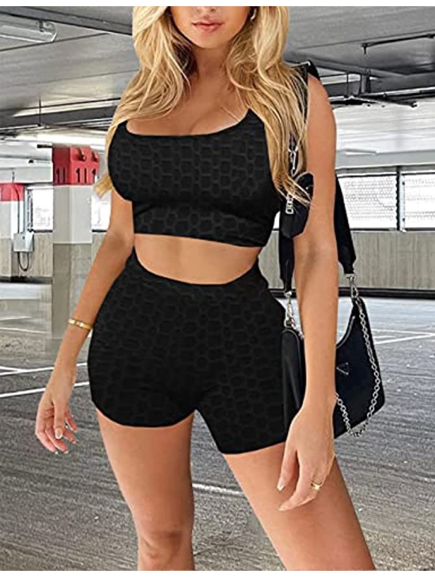 KANSOON Workout Sets for Women 2 Piece Textured Tracksuit Summer Crop Tank Top Bodycon Shorts Outfits