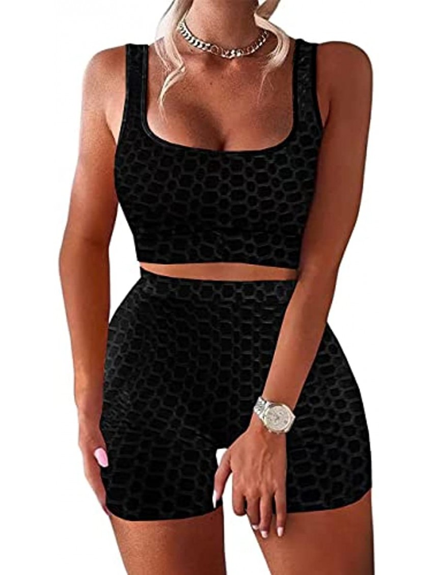 KANSOON Workout Sets for Women 2 Piece Textured Tracksuit Summer Crop Tank Top Bodycon Shorts Outfits