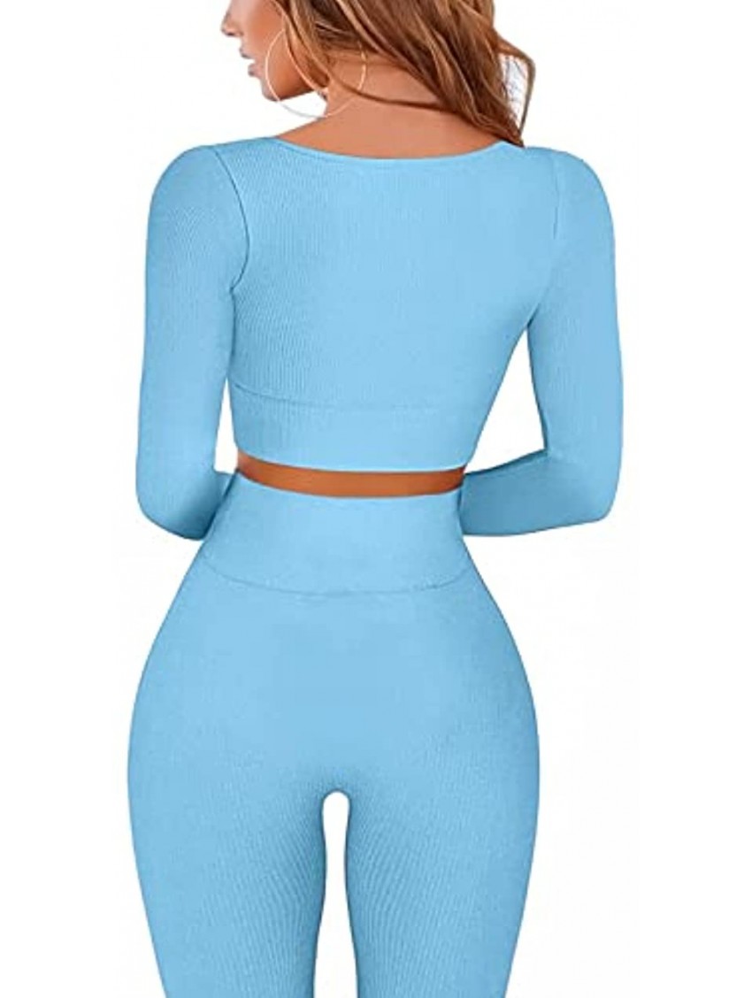 Koscacy Women's Workout Sets Two Piece Outfits Seamless Long Sleeve Crop Tops Ribbed High Waist Leggings Bodycon Sets