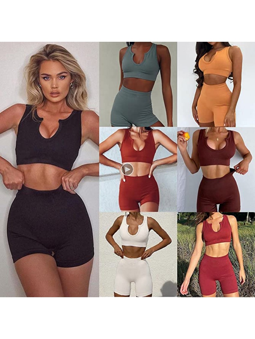 Linnovo Workout Sets for Women Ribbed Sport Bra Seamless Crop Tank High Waist Running Shorts Gym 2 Piece Yoga Sets Outfits