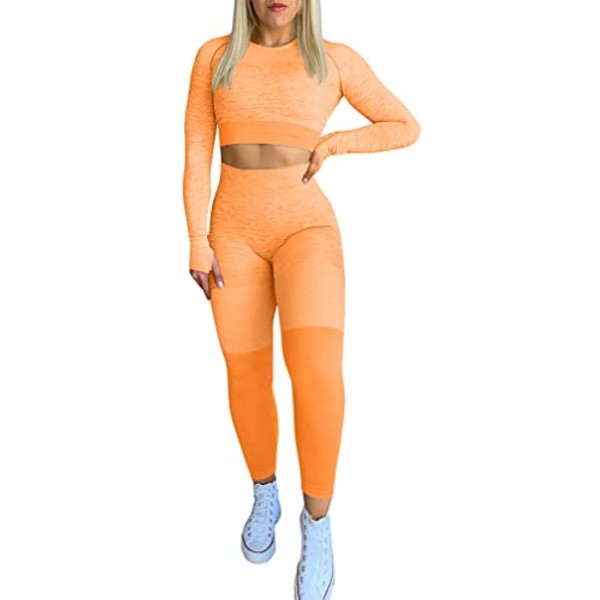 LNSK Women's Seamless Workout Sets Long Sleeve Yoga 2 Piece Gym Crop Top High Waist Leggings Sports Outfits