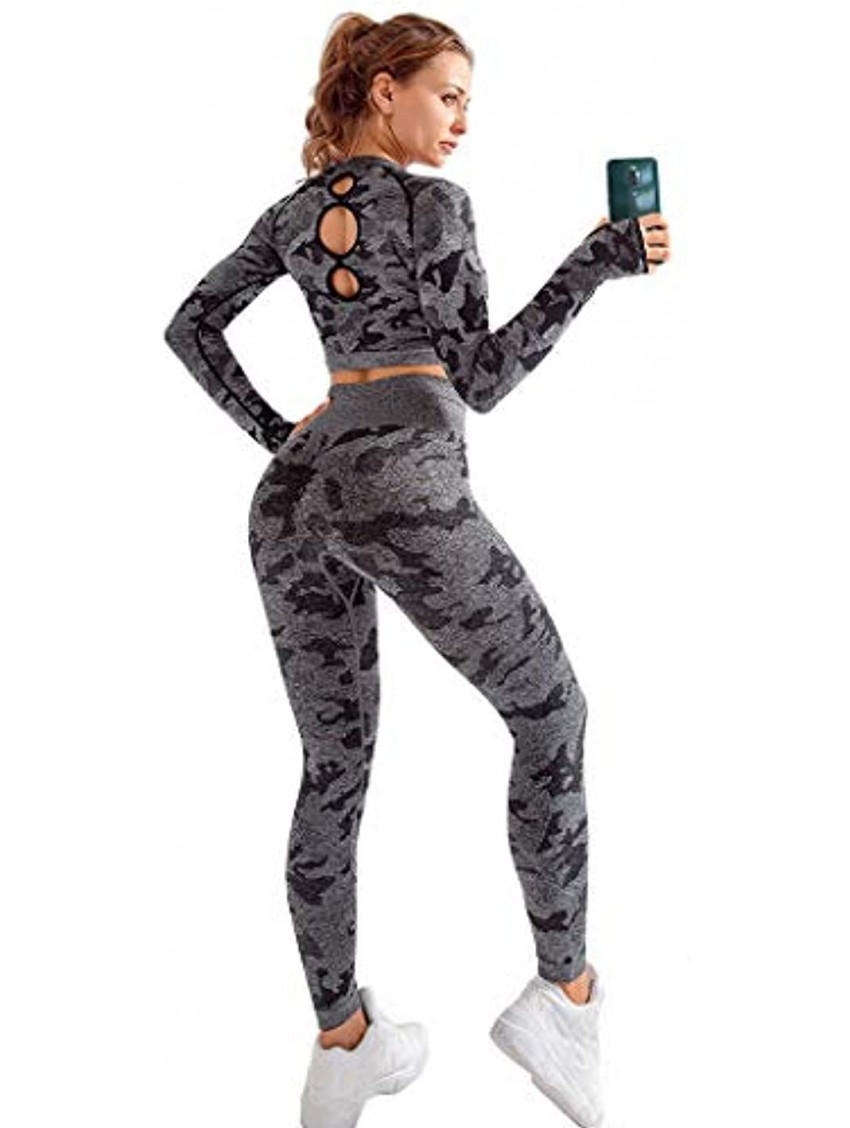 MANON ROSA Workout Sets Women 2 Piece Gym Outfit Seamless Yoga Clothes Long Sleeve Crop Top High Waist Legging Exercise Fitness Activewear Camouflage Grey Large
